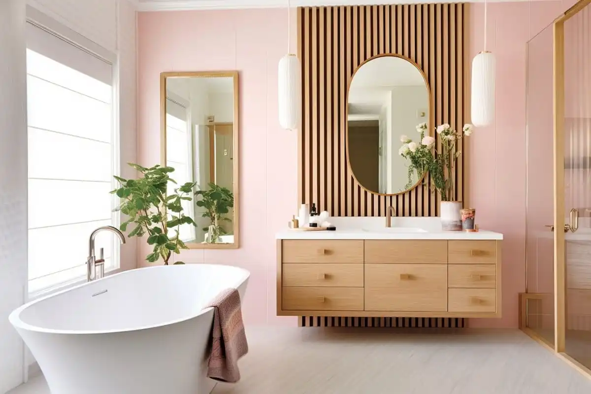 A bathroom with pink walls and wooden accents The image showcases bathroom lighting ideas to brighten the space - Bathroom Lighting Ideas – 16 Designs To Brighten Your Space - Vorlane - Vorlane