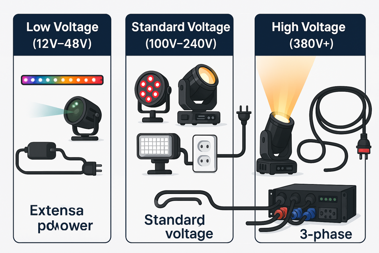 Comparison of low standard and high voltage stage lighting setups - What Voltage Is Stage Lighting? - Vorlane - Vorlane