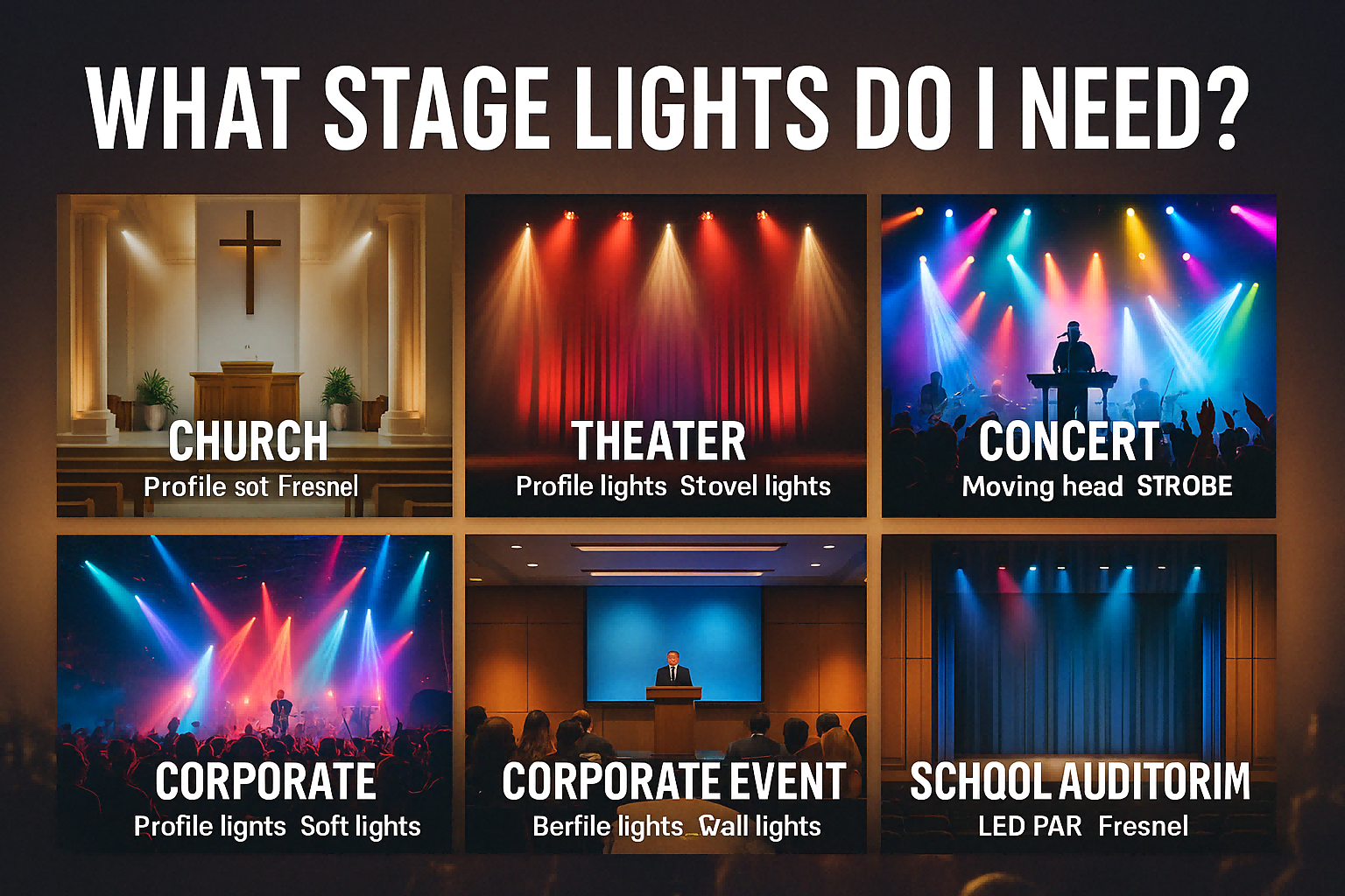 Different types of stage lights categorized by event use case - What Stage Lights Do I Need? - Vorlane - Vorlane