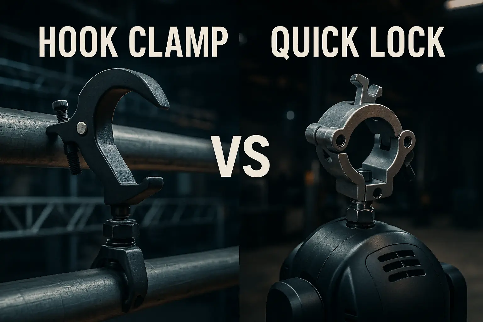 Hook clamp and quick lock side by side comparison for stage lighting mounts - Choosing the Right Mounting for Stage Lighting - Vorlane - Vorlane