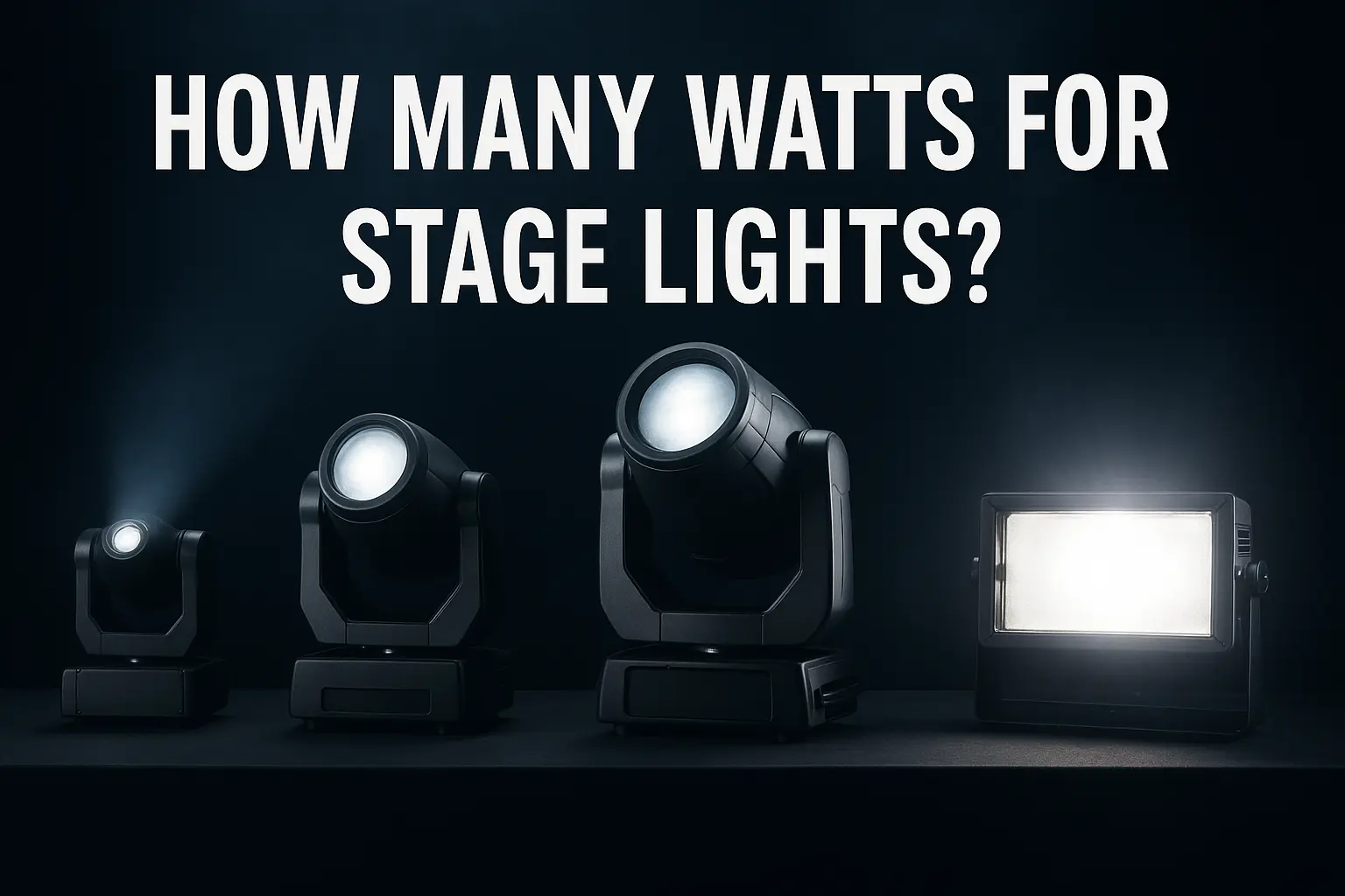 Labeled stage lights with different wattages on display - How Many Watts for Stage Lights? A Complete Guide - Vorlane - Vorlane