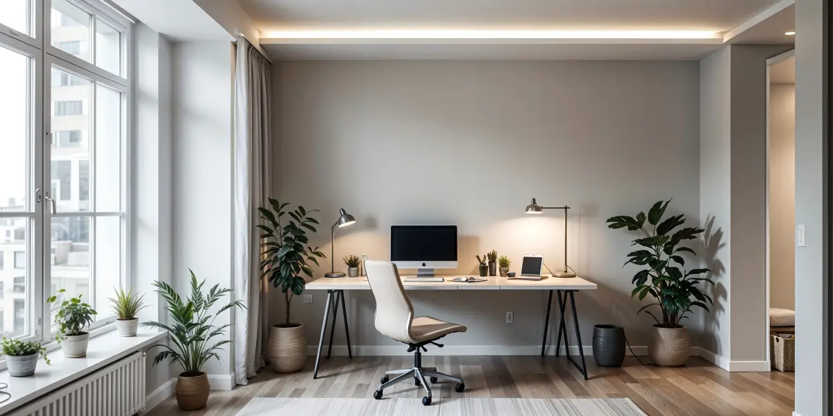 Modern home office with LED panel lights and downlights providing bright efficient lighting for a productive workspace1 - 27 Best Home Office Lighting Ideas [July 2025] - Vorlane