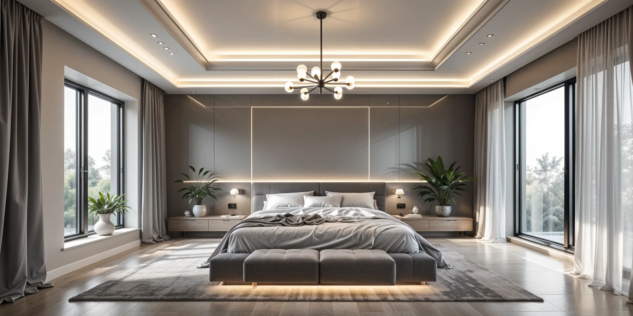 Spacious modern bedroom with layered lighting featuring chandelier bedside lamps wall sconces and ambient LED lighting for comfort and style - 25 Bedroom Lighting Ideas for Every Mood [July 2025] - Vorlane