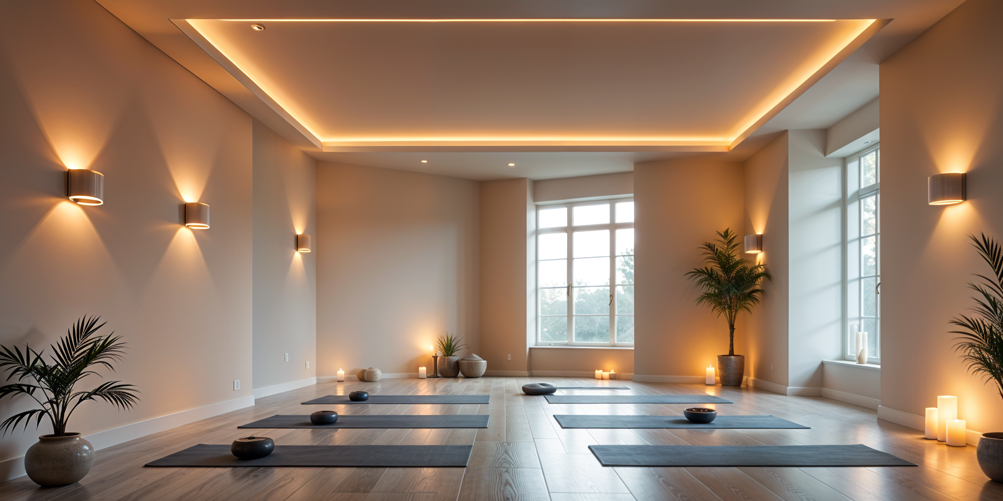 Yoga studio with ambient lighting featuring dimmable ceiling lights wall sconces and natural ligh - 50 Inspiring Yoga Studio Lighting Ideas [July 2025] - Vorlane